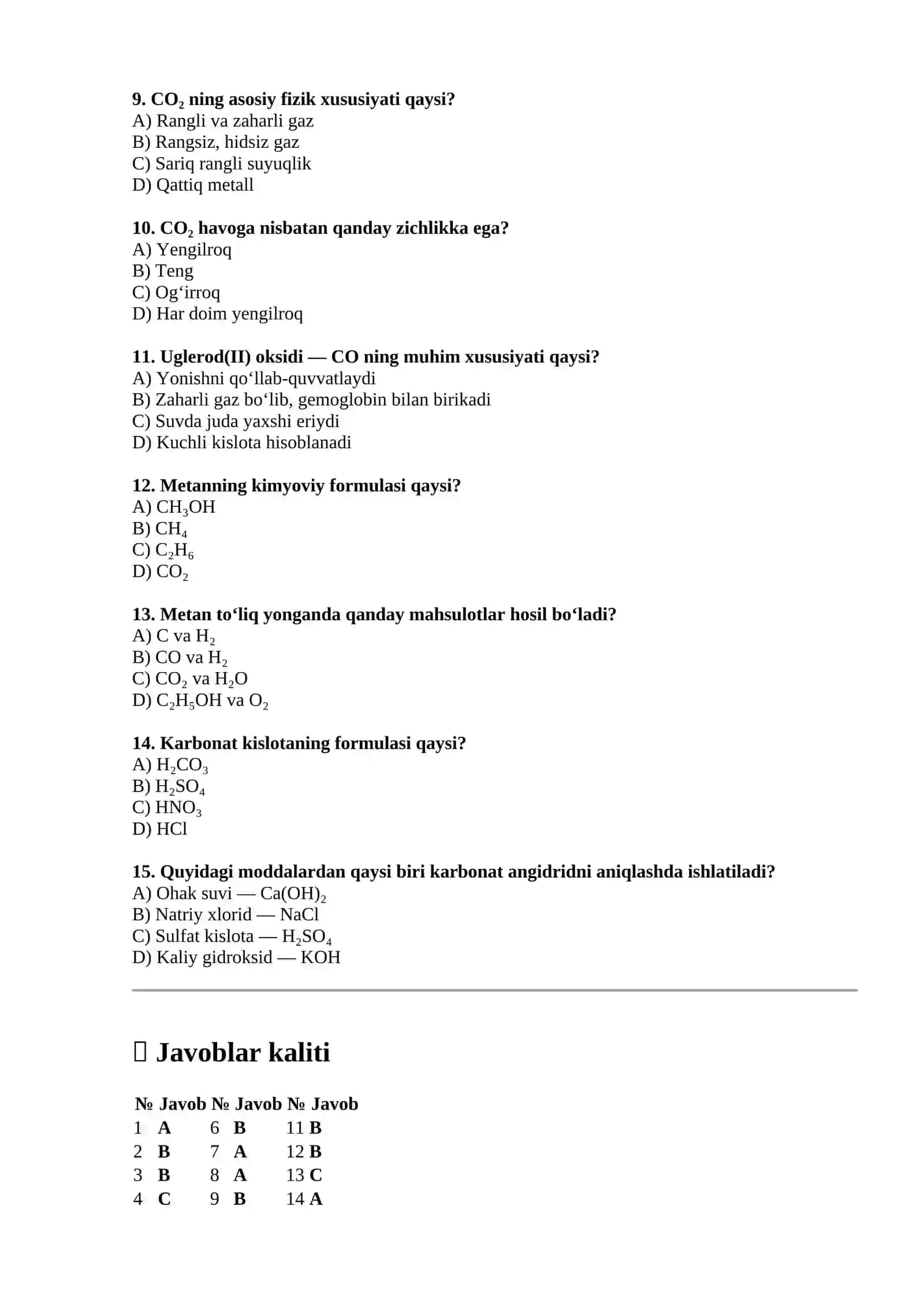Uglerodning eng muhim birikmalari — 15 ta test 2
