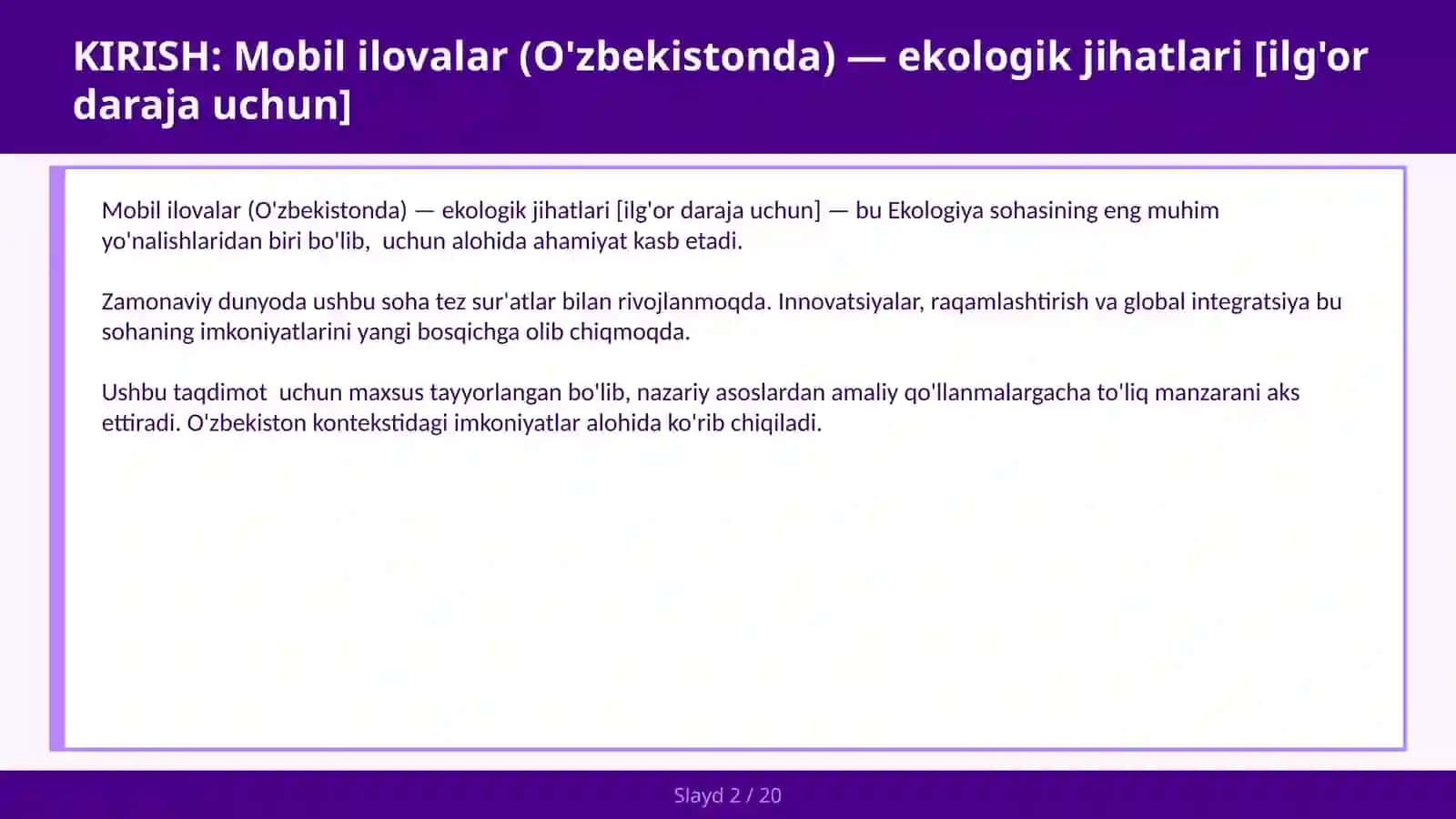 Mobil ilovalar (O'zbekistonda) — ekologik jihatlari [ilg'or daraja uchun] 2