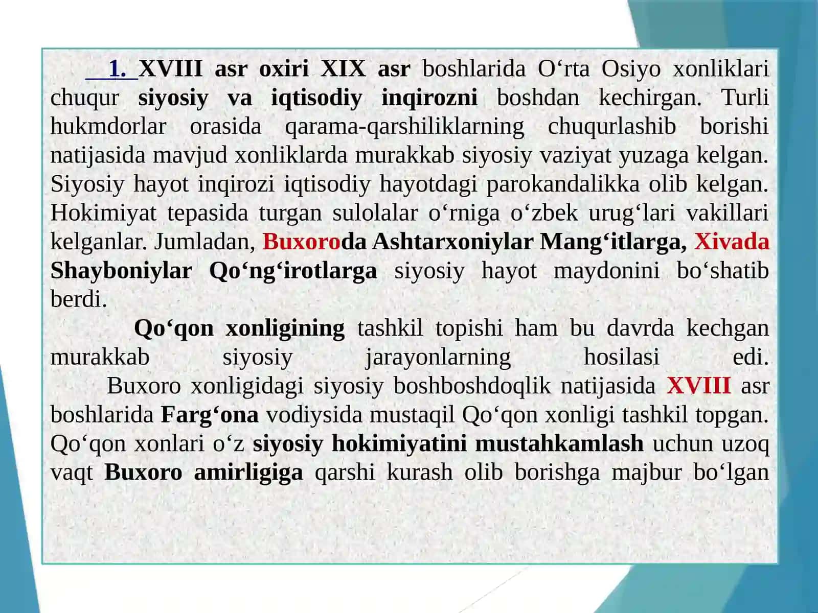 XIX asr o‘rtalarida O‘zbek xonliklarining ijtimoiy-iqtisodiy hayoti 2