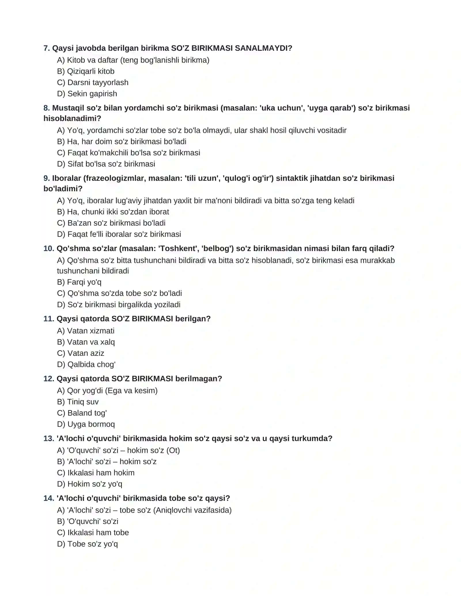 So'z birikmasi mavzusida 100 talik javoblar kaliti bilan test(ona tili) 2
