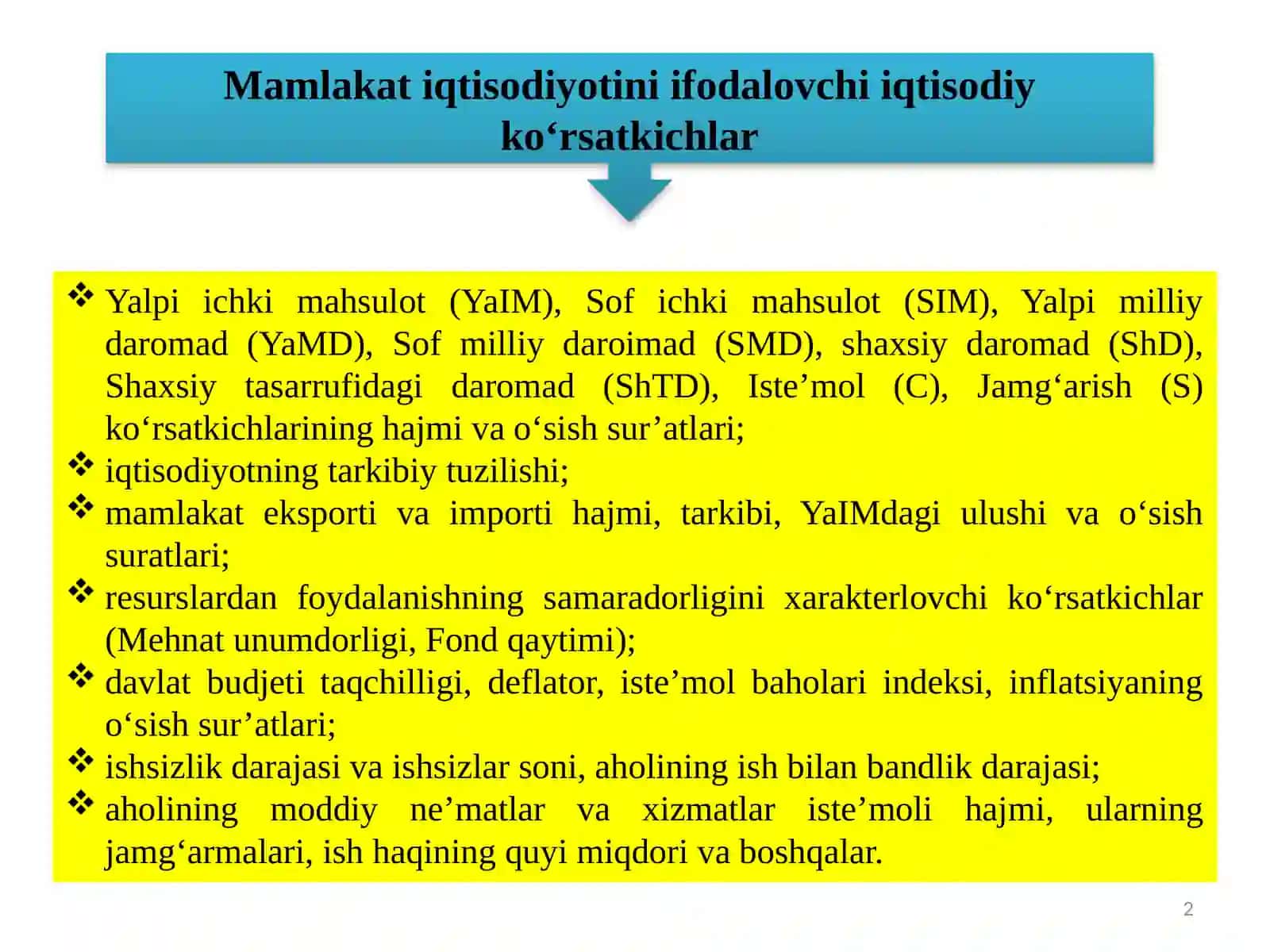 Mamlakat iqtisodiyotini ifodalovchi iqtisodiy ko‘rsatkichlar 2