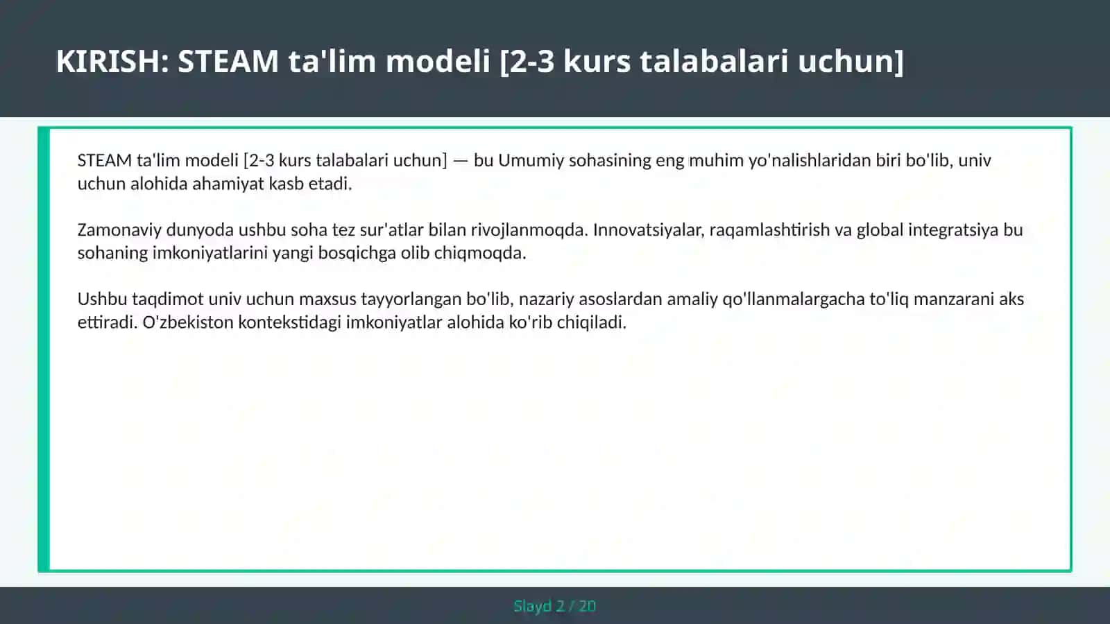 STEAM ta'lim modeli [2-3 kurs talabalari uchun] 2