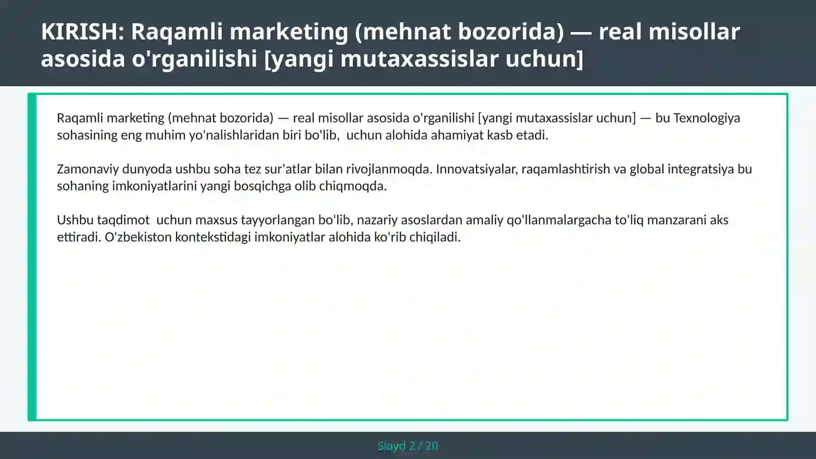 Raqamli marketing (mehnat bozorida) — real misollar asosida o'rganilishi [yangi mutaxassislar uchun] 2