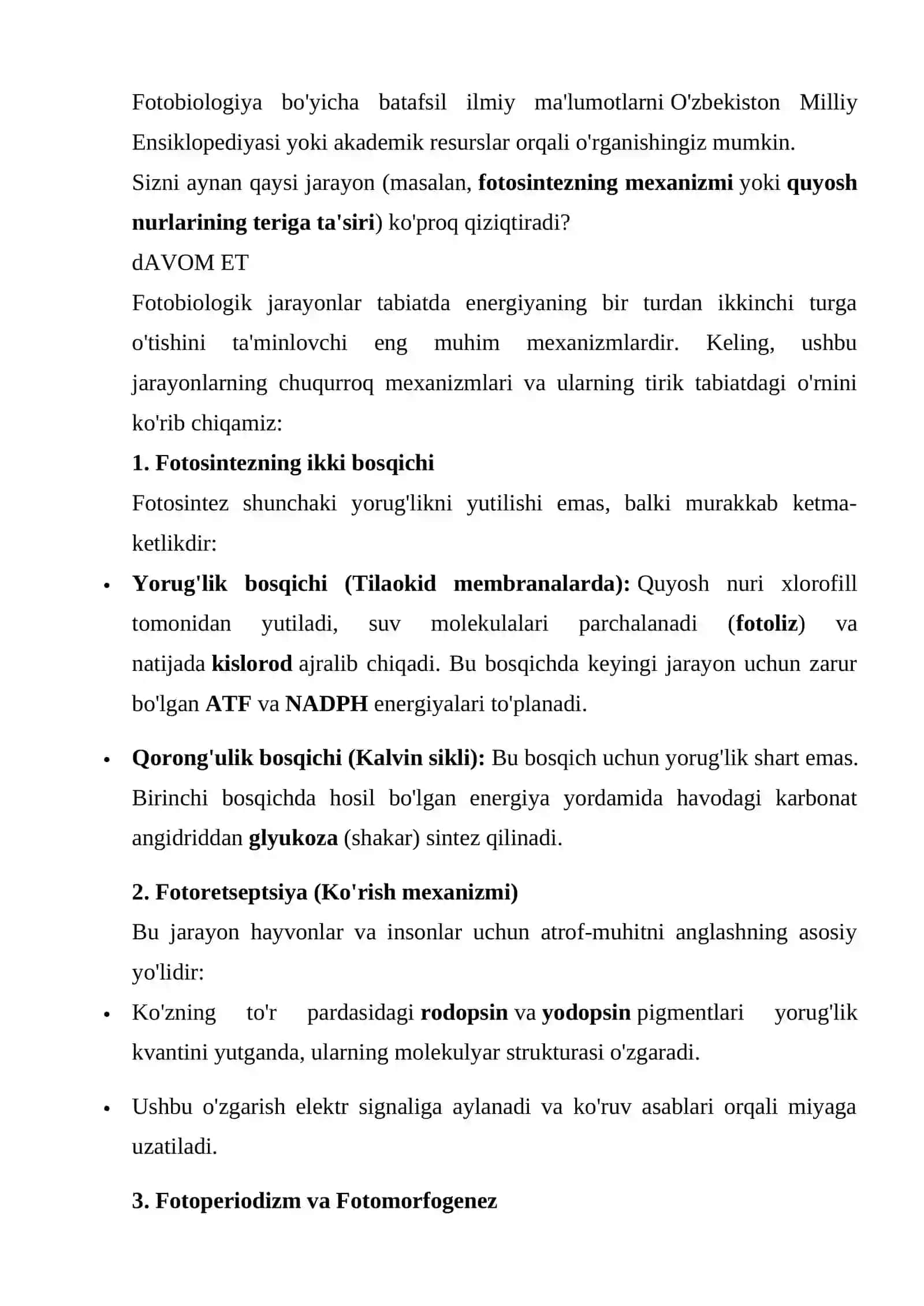 Fotobiologik jarayonlarning asosiy bosqichlari 2