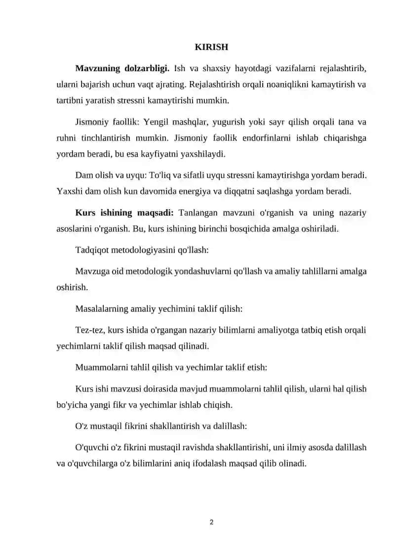STRESS PROFILAKTIKASI VA UNI BARTARAF ETISH YO'LLARI KURS ISHI 2