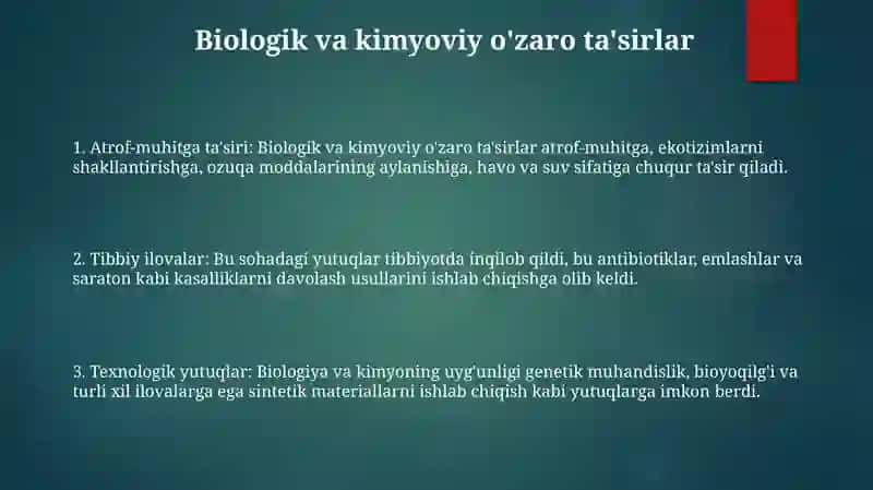 Kimyo Fanining Boshqa (Biologiya, Ekologiya, Geografiya Va Hk.) Fanlar Bilan Bog'Liqligi Bo'Yicha Ma'Lumotlar Yozish 2