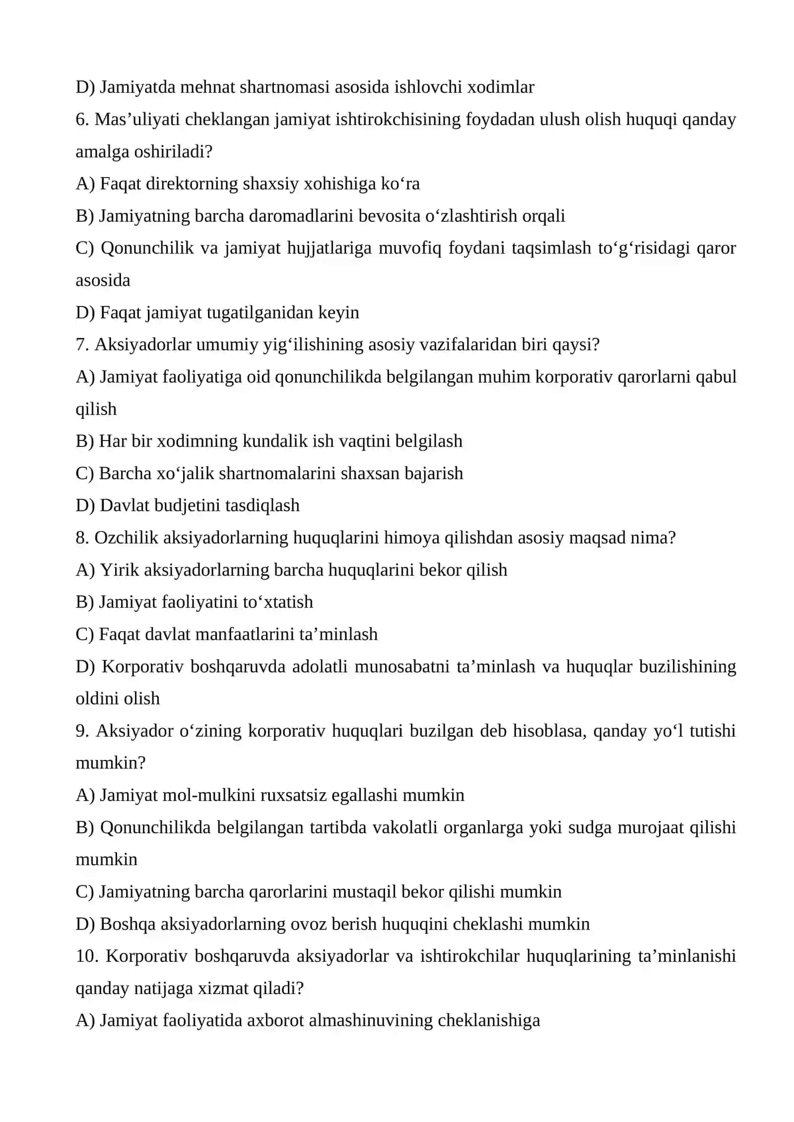Ishtirokchi va aksiyadorlarning korporativ huquqlari ovoz berish, axborot olish, daromad olish va ozchilik ishtirokchilar manfaatlari. test.docx 2
