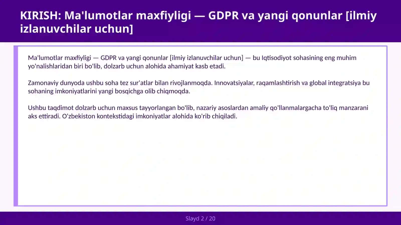 Ma'lumotlar maxfiyligi — GDPR va yangi qonunlar [ilmiy izlanuvchilar uchun] 2