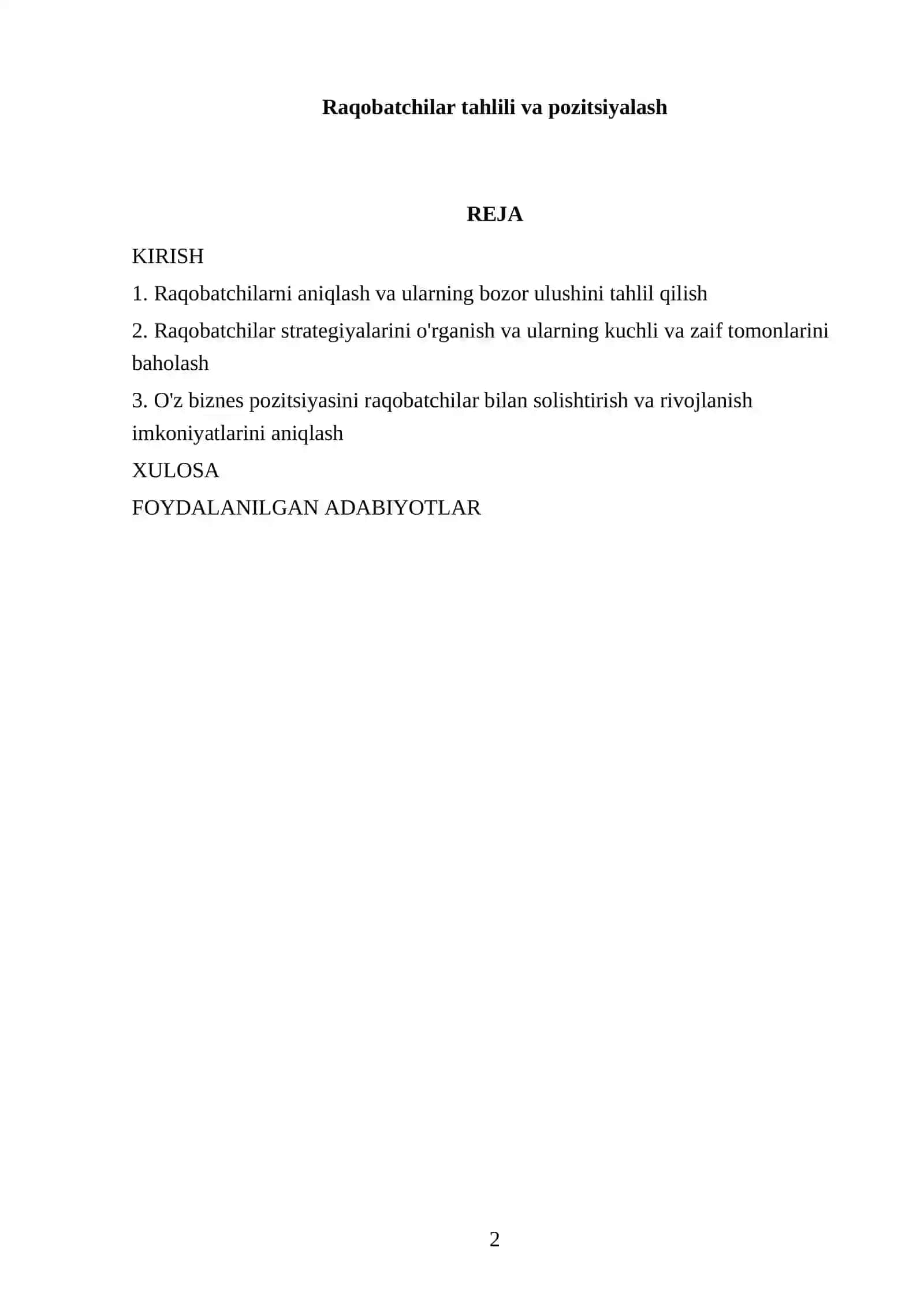 Raqobatchilar tahlili va pozitsiyalash 2