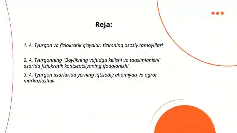 A. Tyurgoning asarlarida fiziokratik tizimning rivojlantirilishi 2