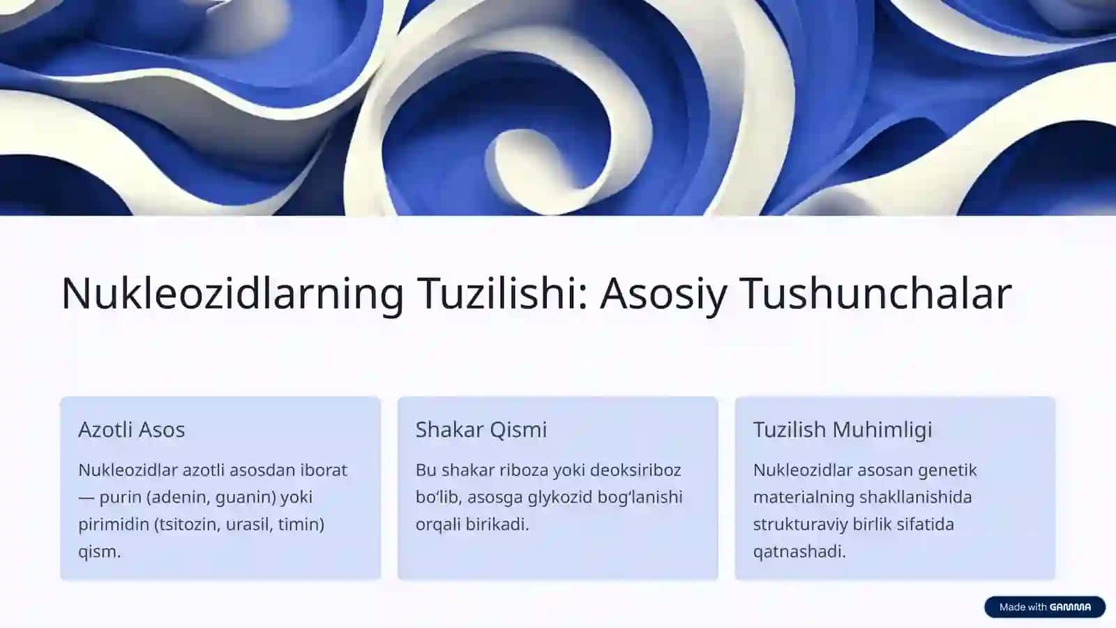 Nukleozidlar va Nukleotidlar: Tuzilishi, Molekulyar Tarkibi va Biokimyoviy Xossalari 2