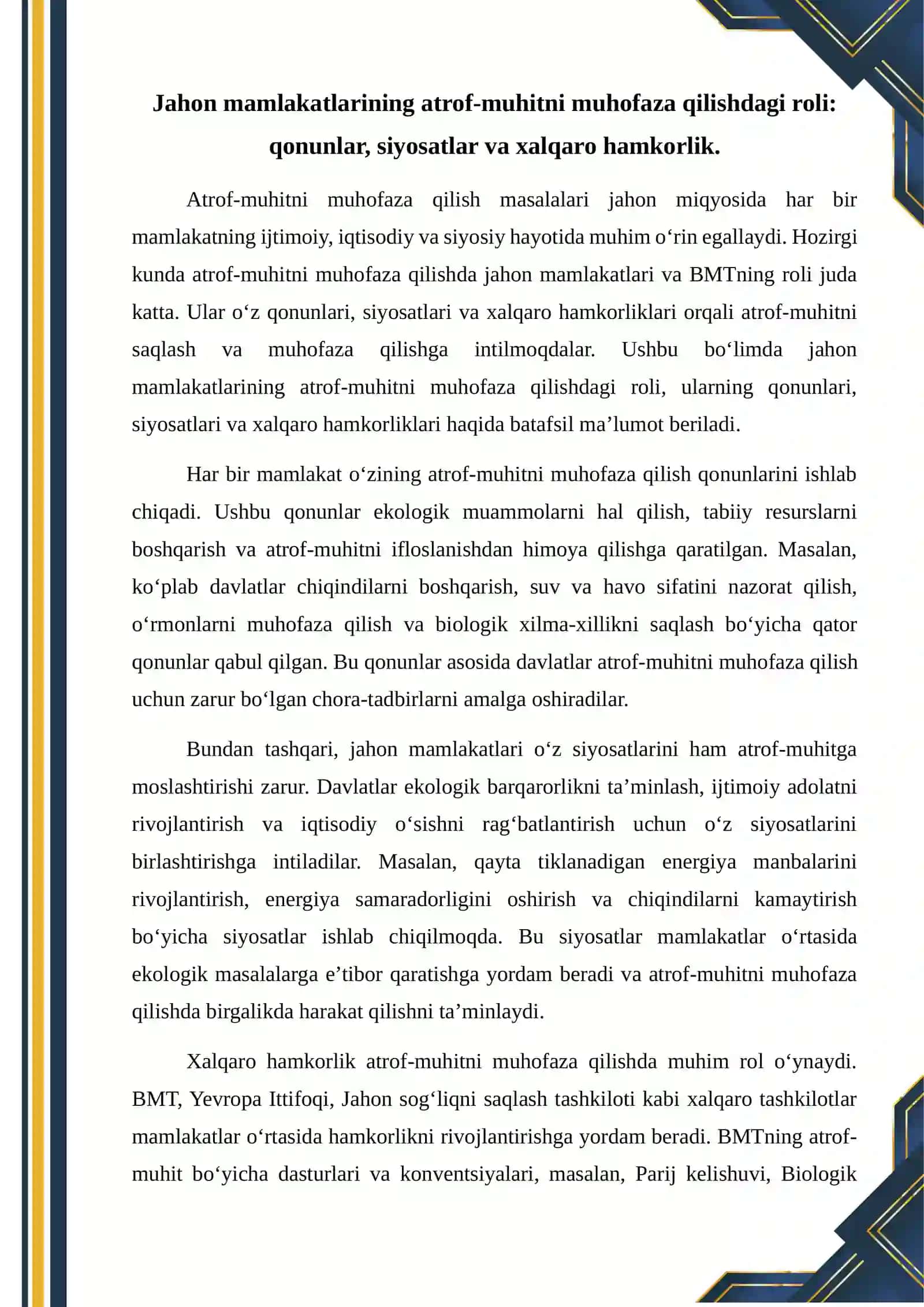 Atrof-muhitni muhofaza qilishda jahon mamlakatlari va BMT ning roli 2