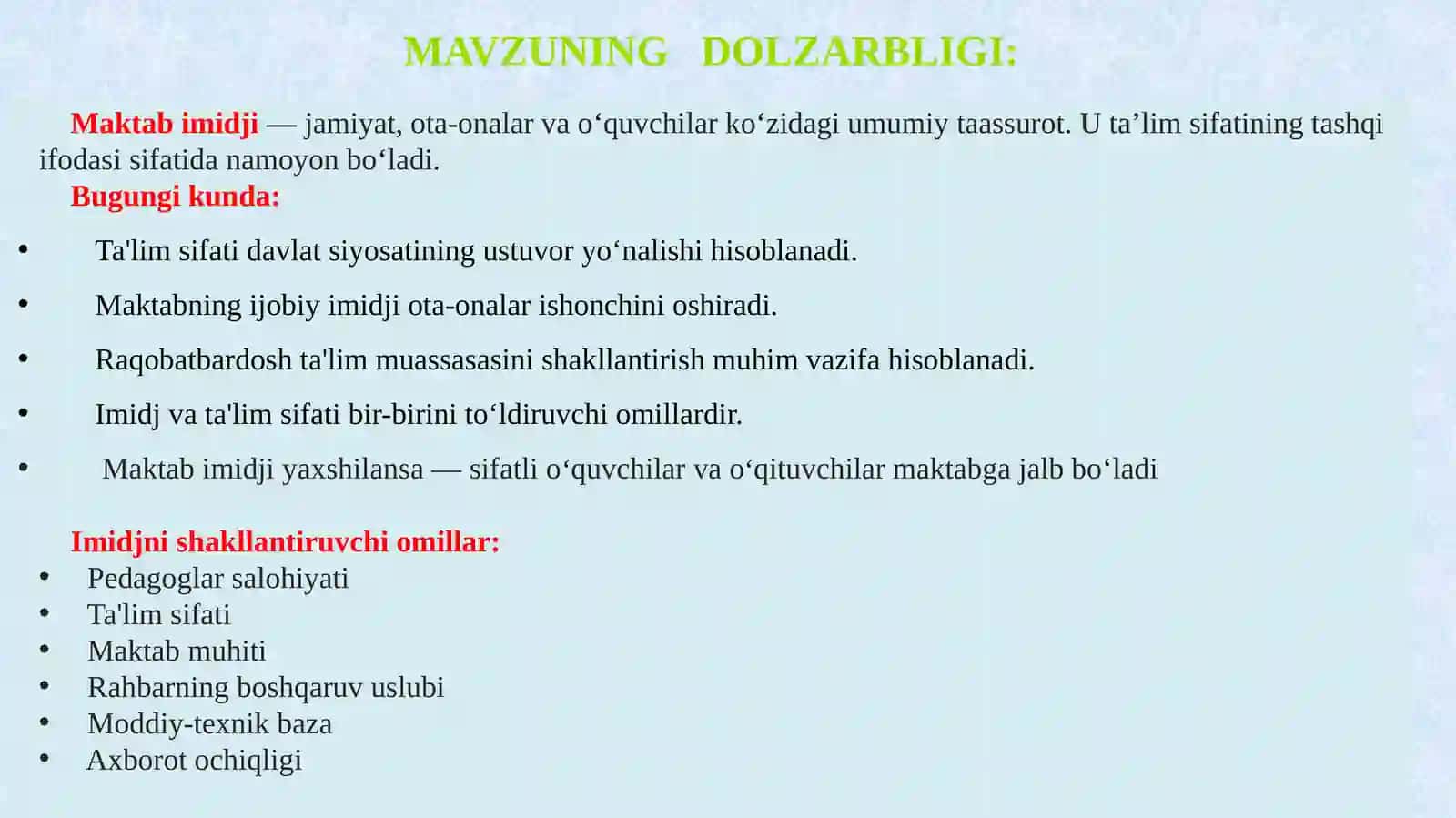 MAKTAB IMIDJI VA TA’LIM SIFATI ORASIDAGI BOG’LIQLIKNI TA’MINLASH 2