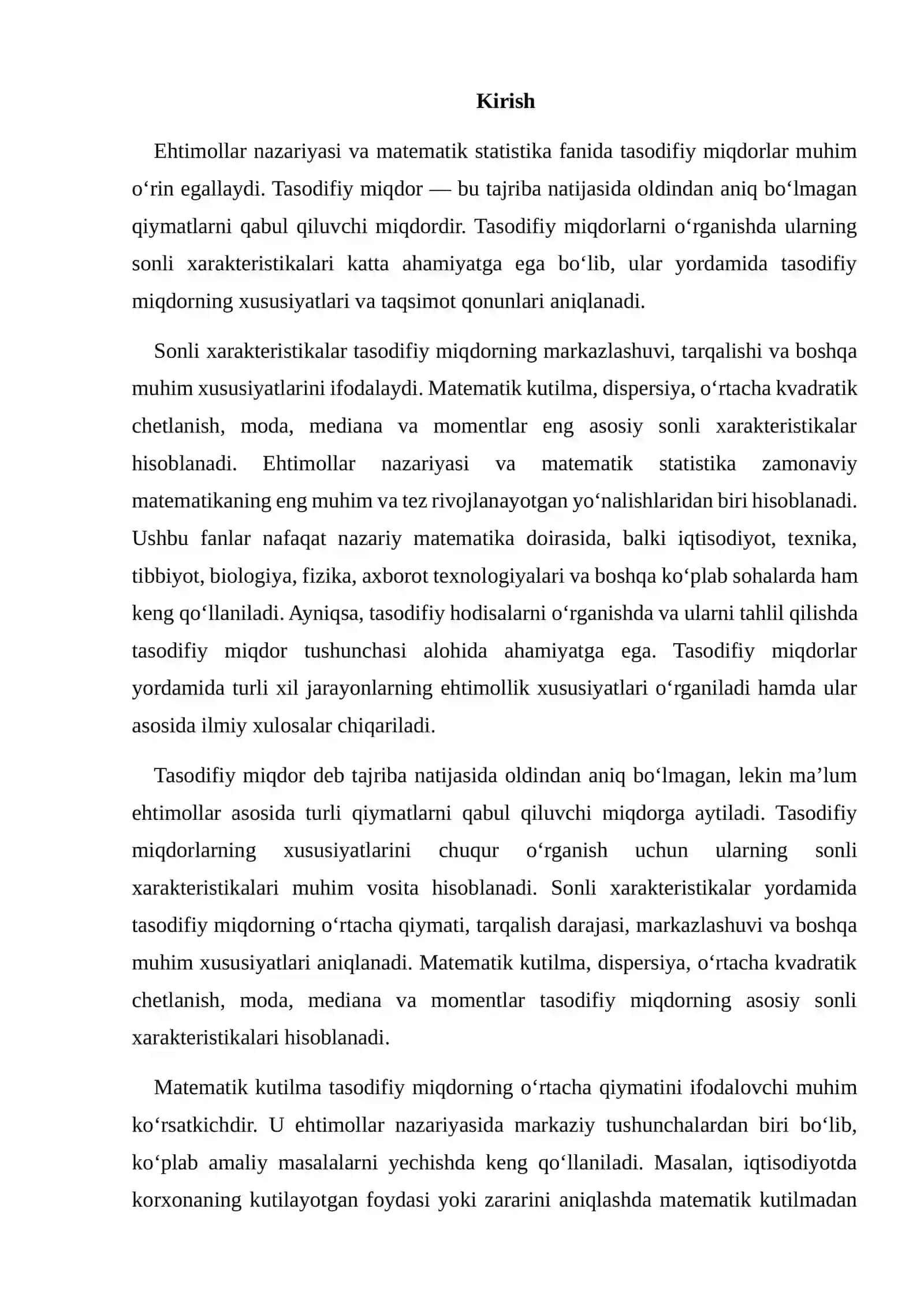TASODIFIY MIQDORNING SONLI XARAKTERISTIKALARI VA ULARNING XOSSALARI 2