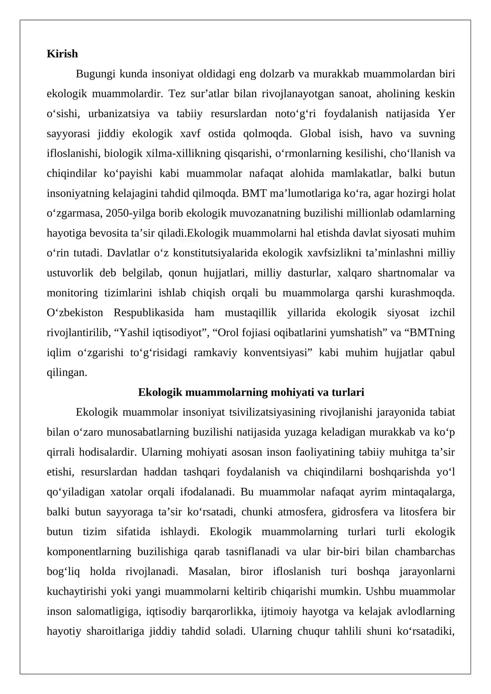 Ekologik muammolar va ularni hal etish bo‘yicha davlat siyosati 2