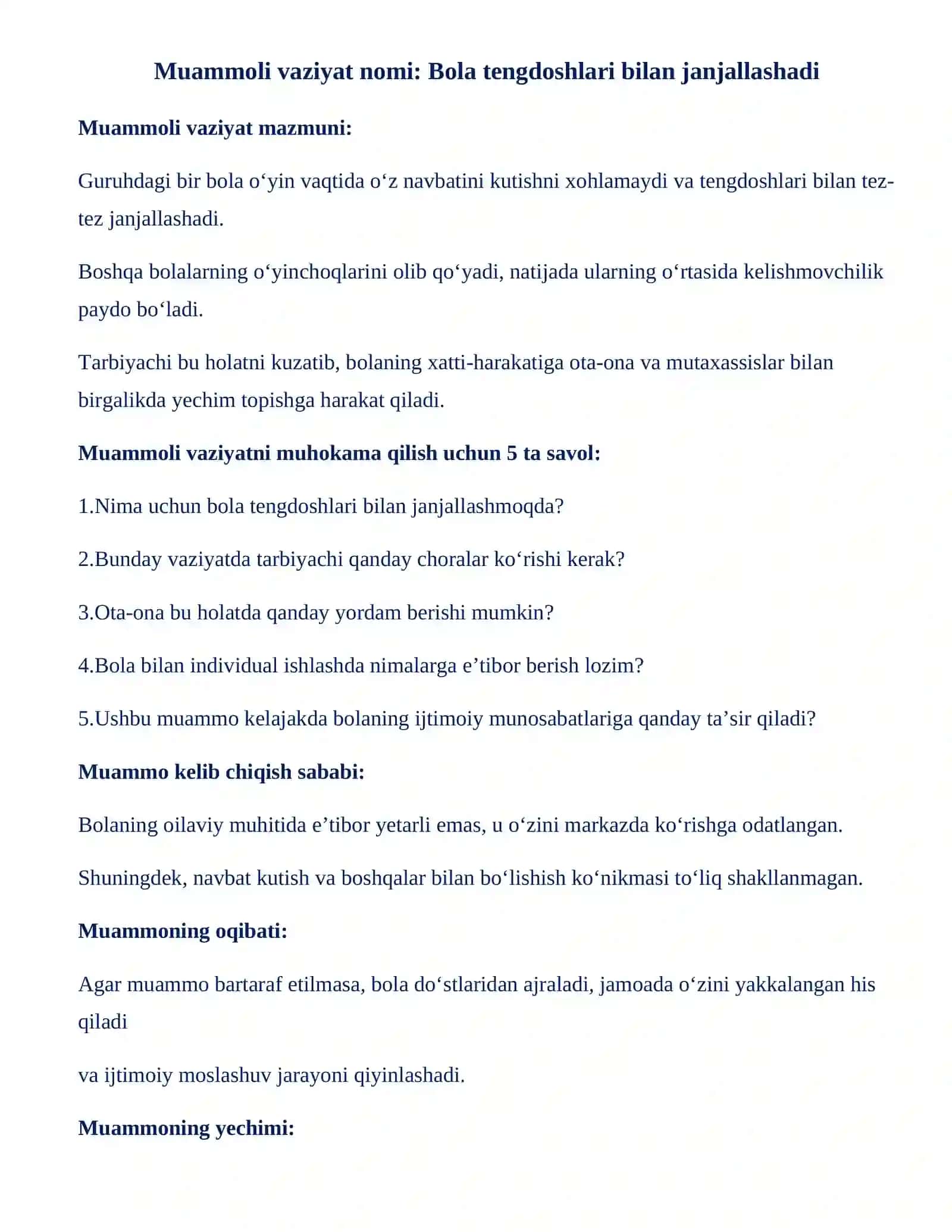 Amaliy ish - Bola tengdoshlari bilan janjallashadi 2