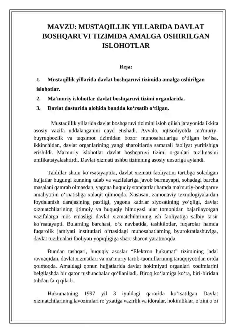 MUSTAQILLIK YILLARIDA DAVLAT BOSHQARUVI TIZIMIDA AMALGA OSHIRILGAN ISLOHOTLAR 2