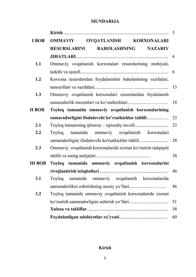 Toyloq tumanida ommaviy ovqatlanish korxonalari resurslari samaradorligini oshirish yo'llari 2