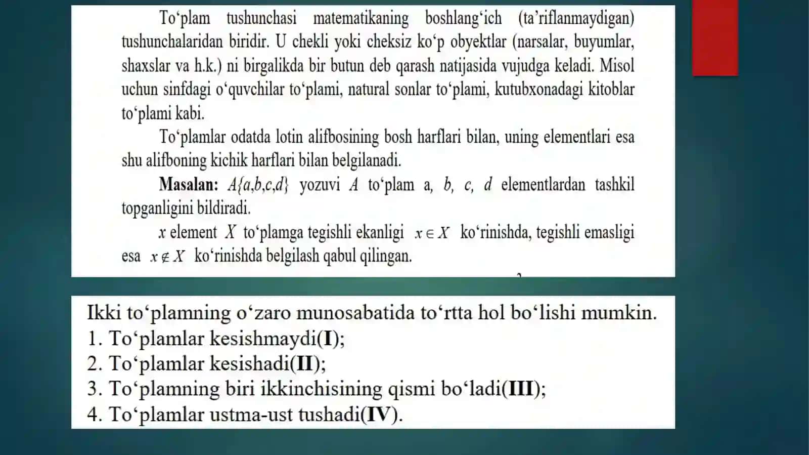 To‘plamlarnazariyasi. Munosabatlar. Binarmunosabatlar. Maxsusbinarmunosabatlar. Mulohazalaralgebrasi. Mulohazalarustidaamallar. Formulalar. Tengkuchliformulalar Mulohazalaralgebrasiformulasiningnormalshakllari. Mulohazalaralgebrasifunksiyalari(Bulfunksiyasi). Mantiqalgebrasiikkitaraflamaqonuni. Ikkilikprinsipi 2