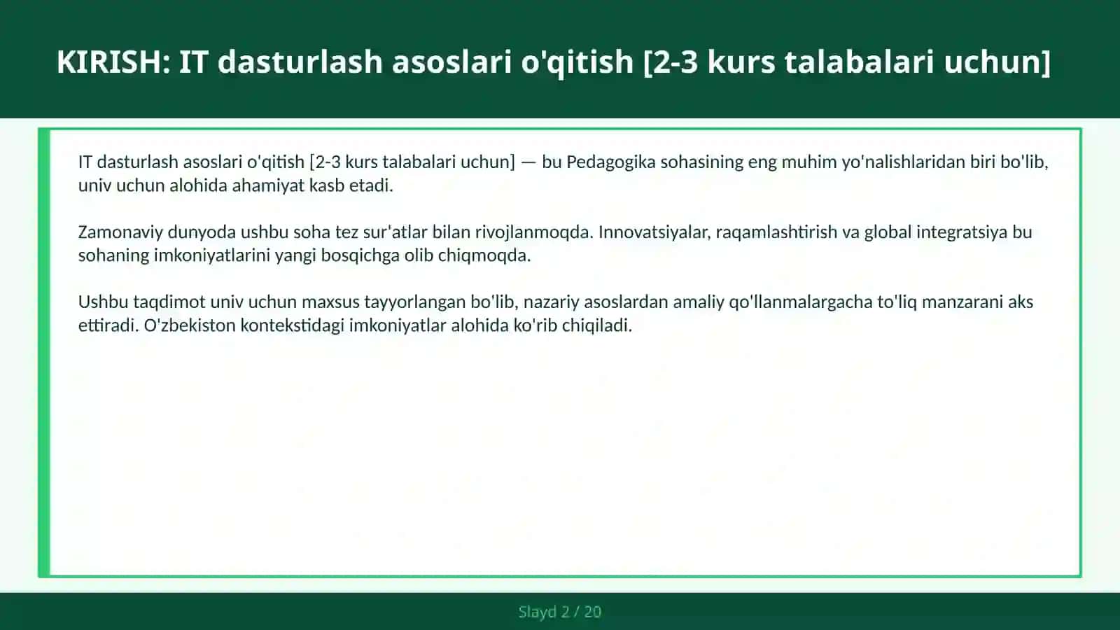 IT dasturlash asoslari o'qitish [2-3 kurs talabalari uchun] 2