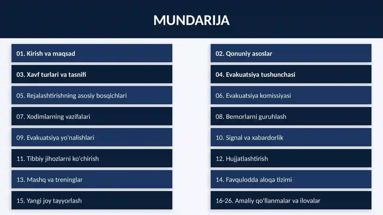 Favqulodda vaziyatlar xavfi tug'ilganda va sodir bo'lganda
tibbiy muassasalarni evaku 2