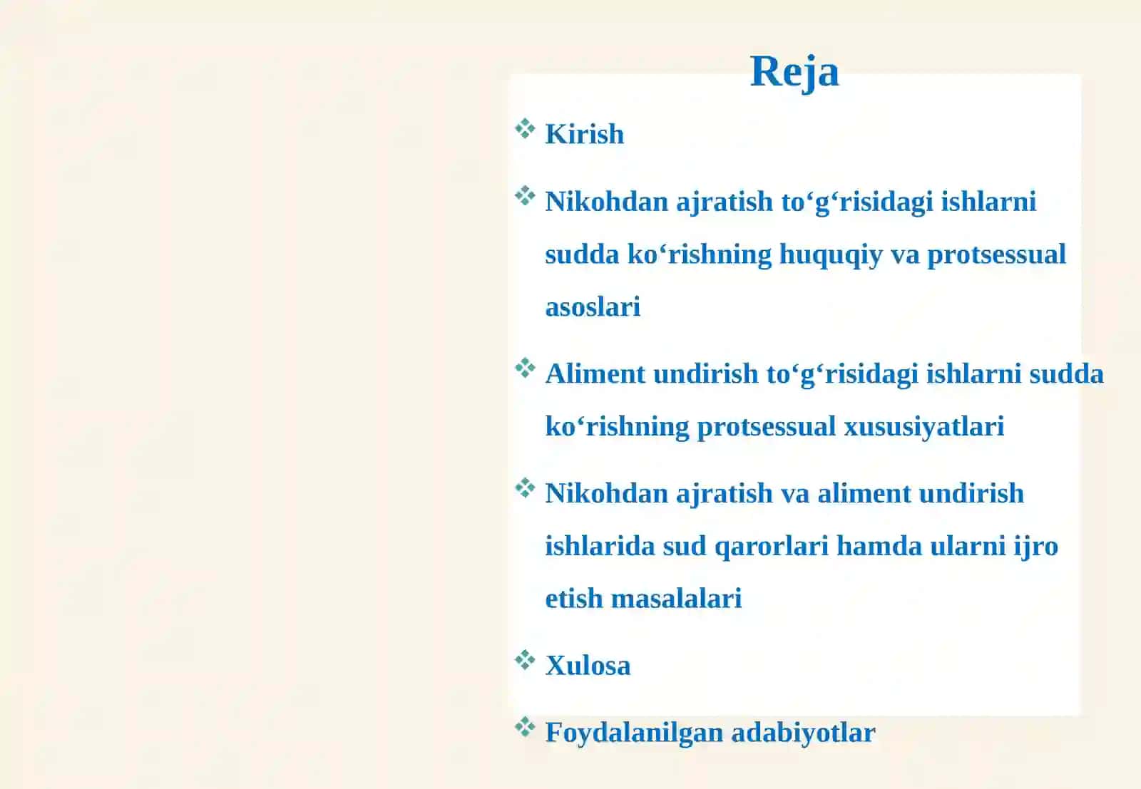 Nikohdan ajratish, aliment undirish to‘g‘risidagi ishlarni sudda ko‘rishning protsessu 2