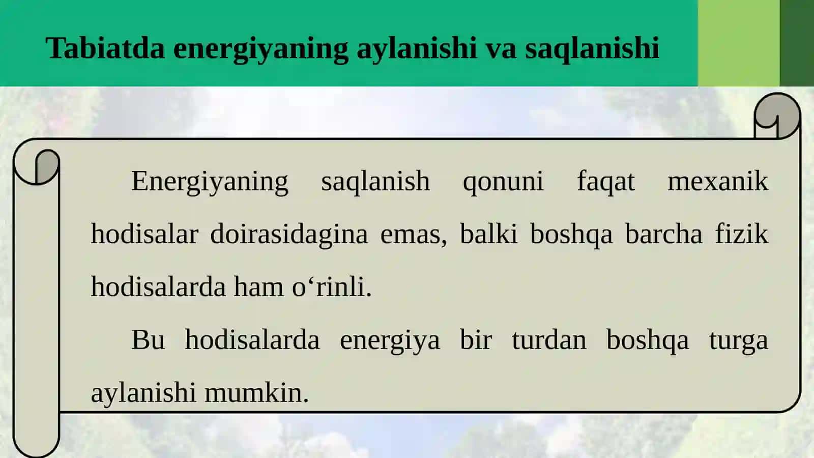 7-sinf Fizika fanidan Tabiatda energiyaning saqlanishi va FIK dars taqdimoti 2