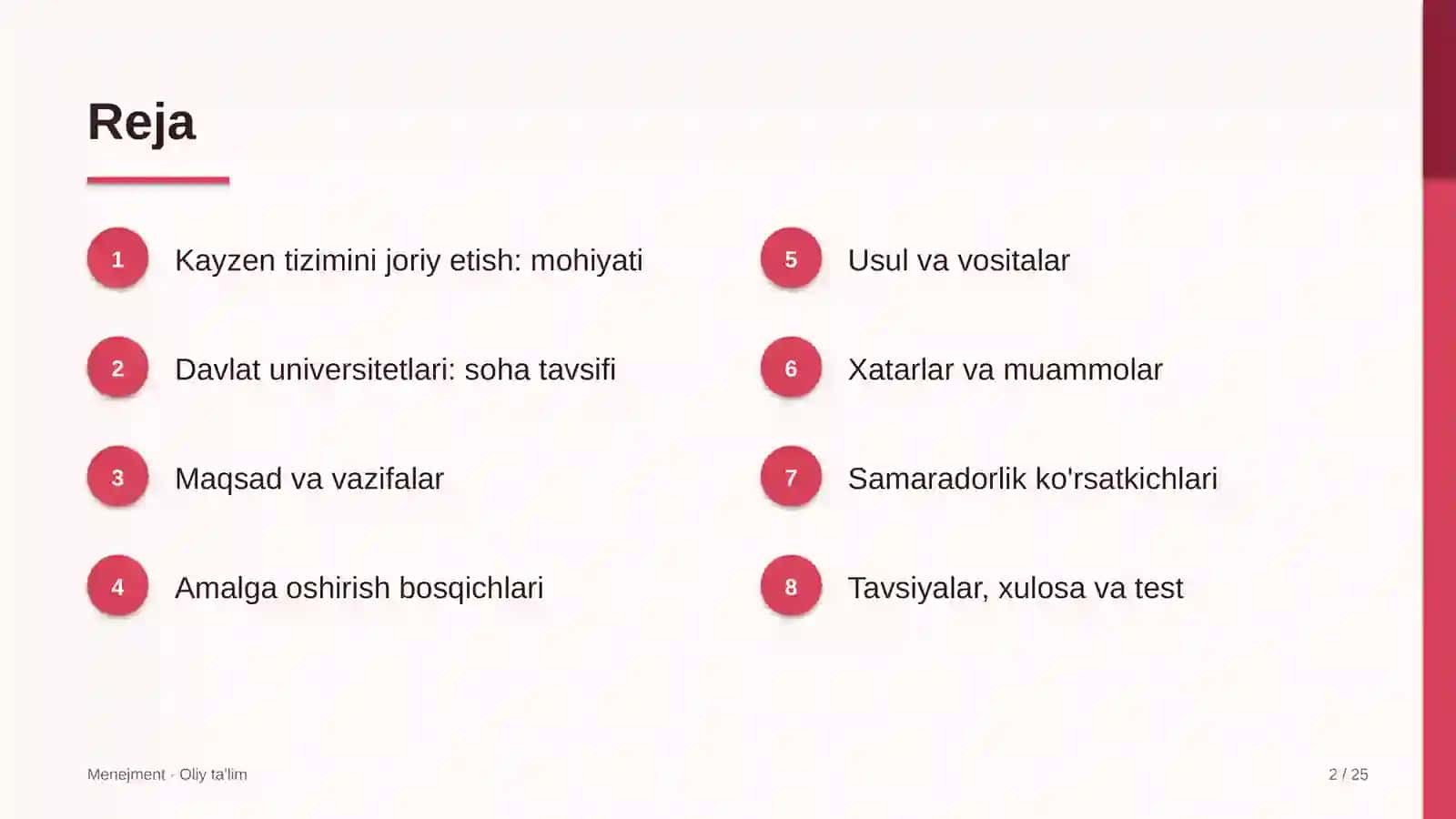 Davlat universitetlarida kayzen tizimini joriy etish 2
