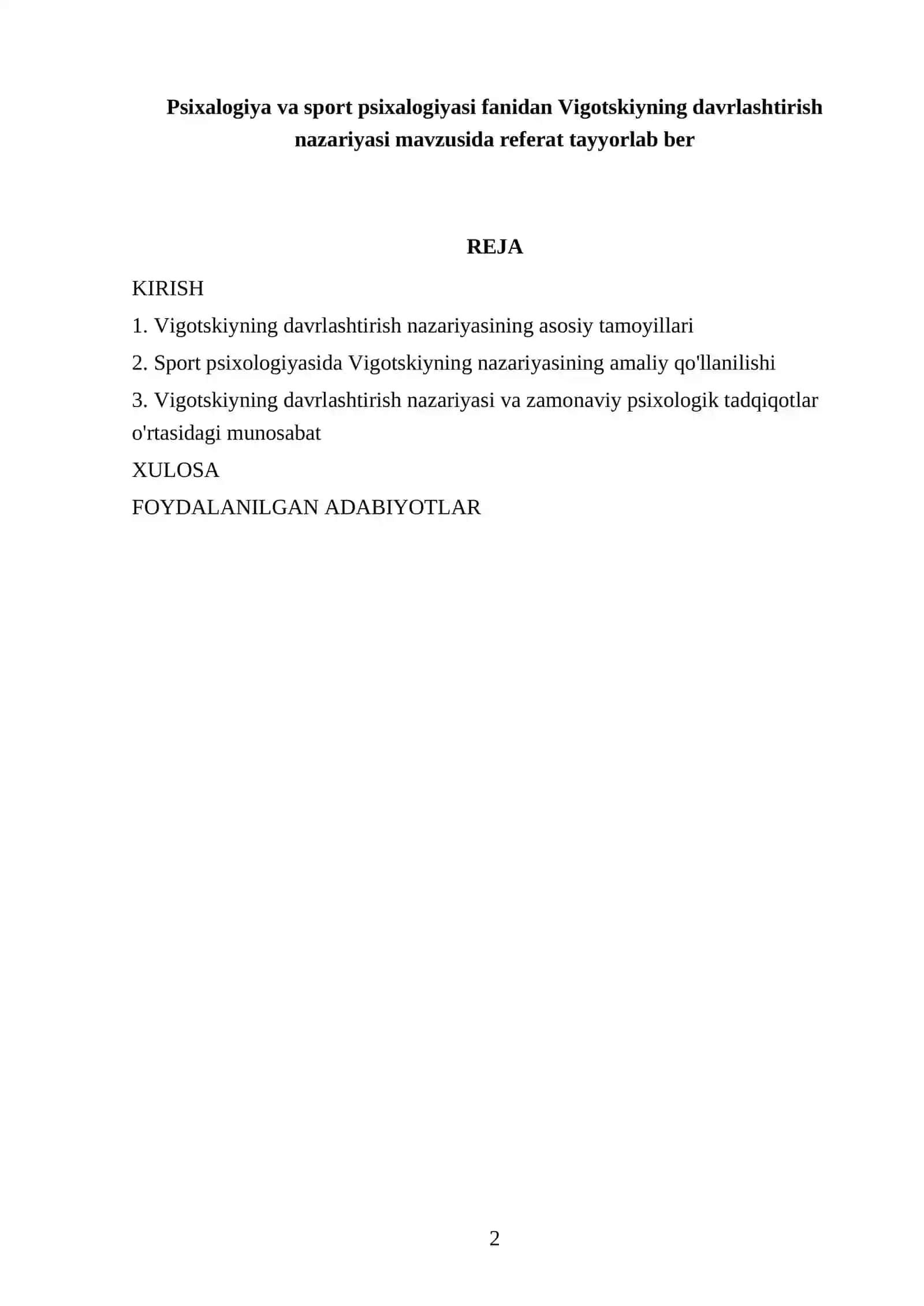 Psixalogiya va sport psixalogiyasi fanidan Vigotskiyning davrlashtirish nazariyasi mavzusida referat 2