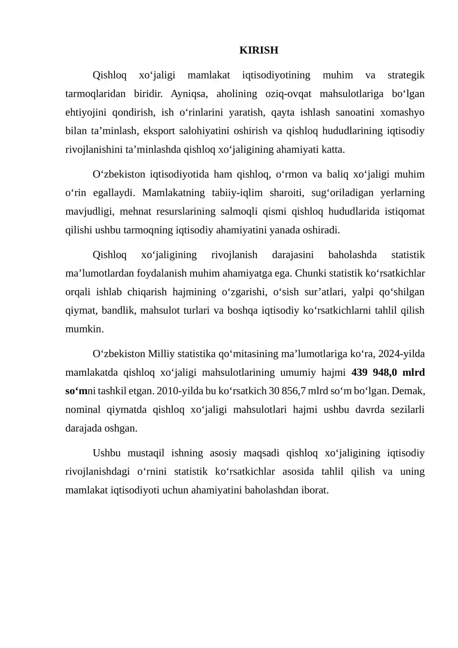 QISHLOQ XO‘JALIGINING IQTISODIY RIVOJLANISHIDAGI AHAMIYATINI STATISTIK MA’LUMOTLAR ASOSIDA BAHOLASH 2