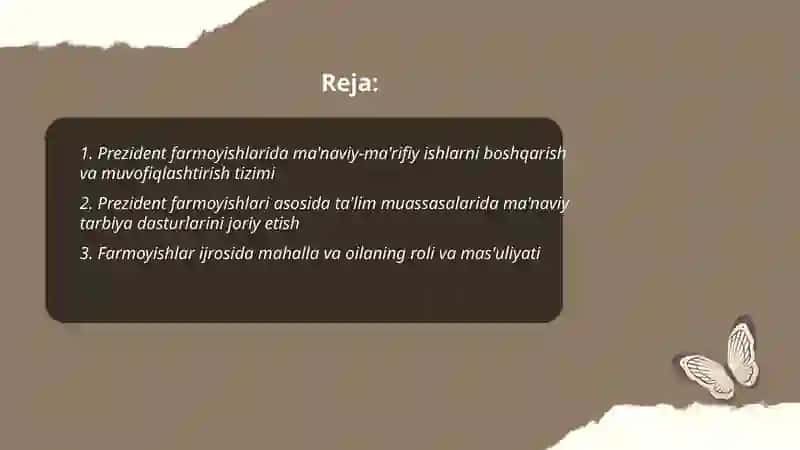Ma'naviy marifiy ishlarni tashkil etish bóyicha prezident farmoyishlari 2