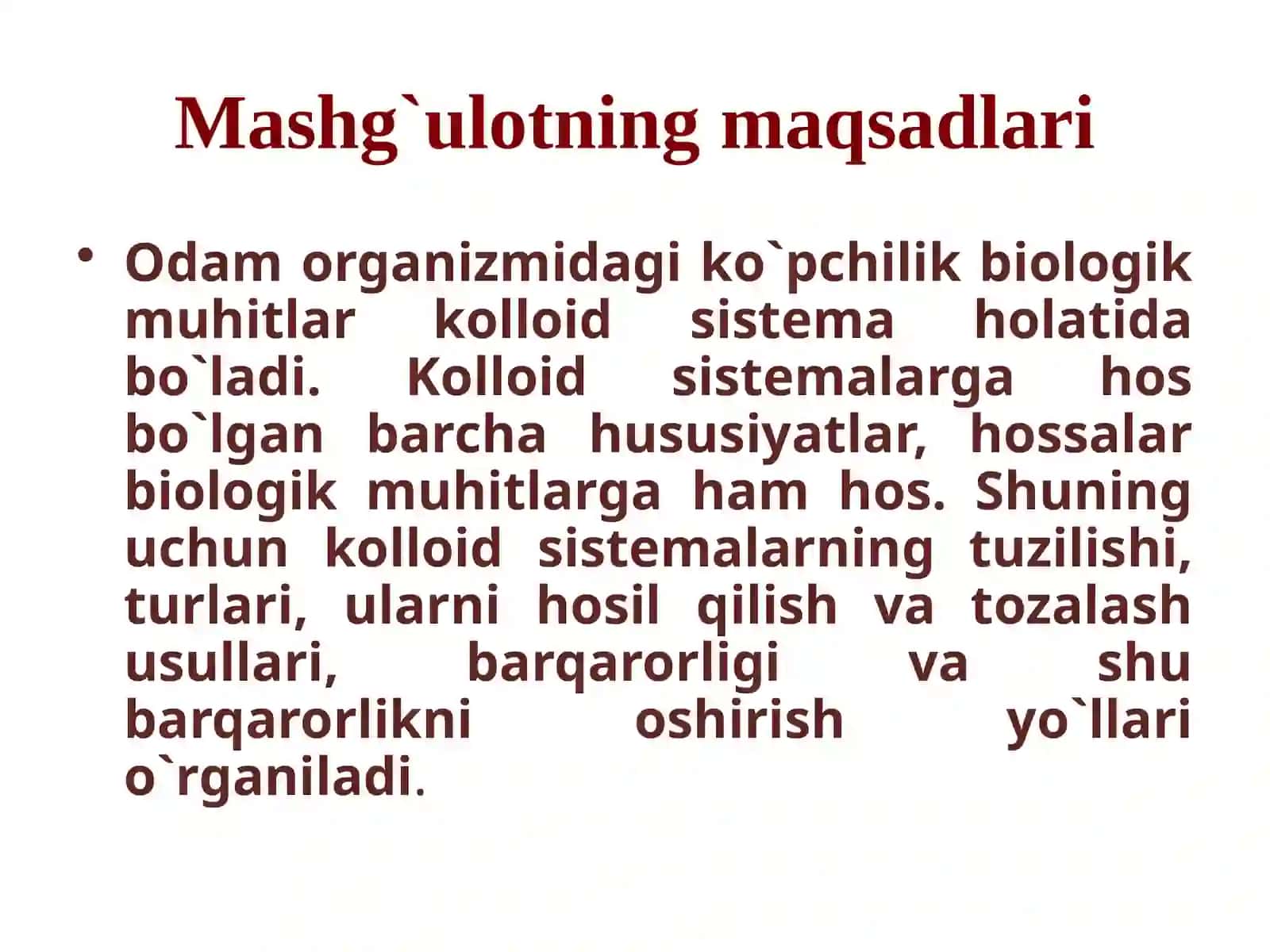 KOLLOID DISPERS SISTEMALARNING SPETSIFIK HOSSALARI, KOLLOID SISTEMALARNING TUREG`UNLIGINI O`RGANISH 2