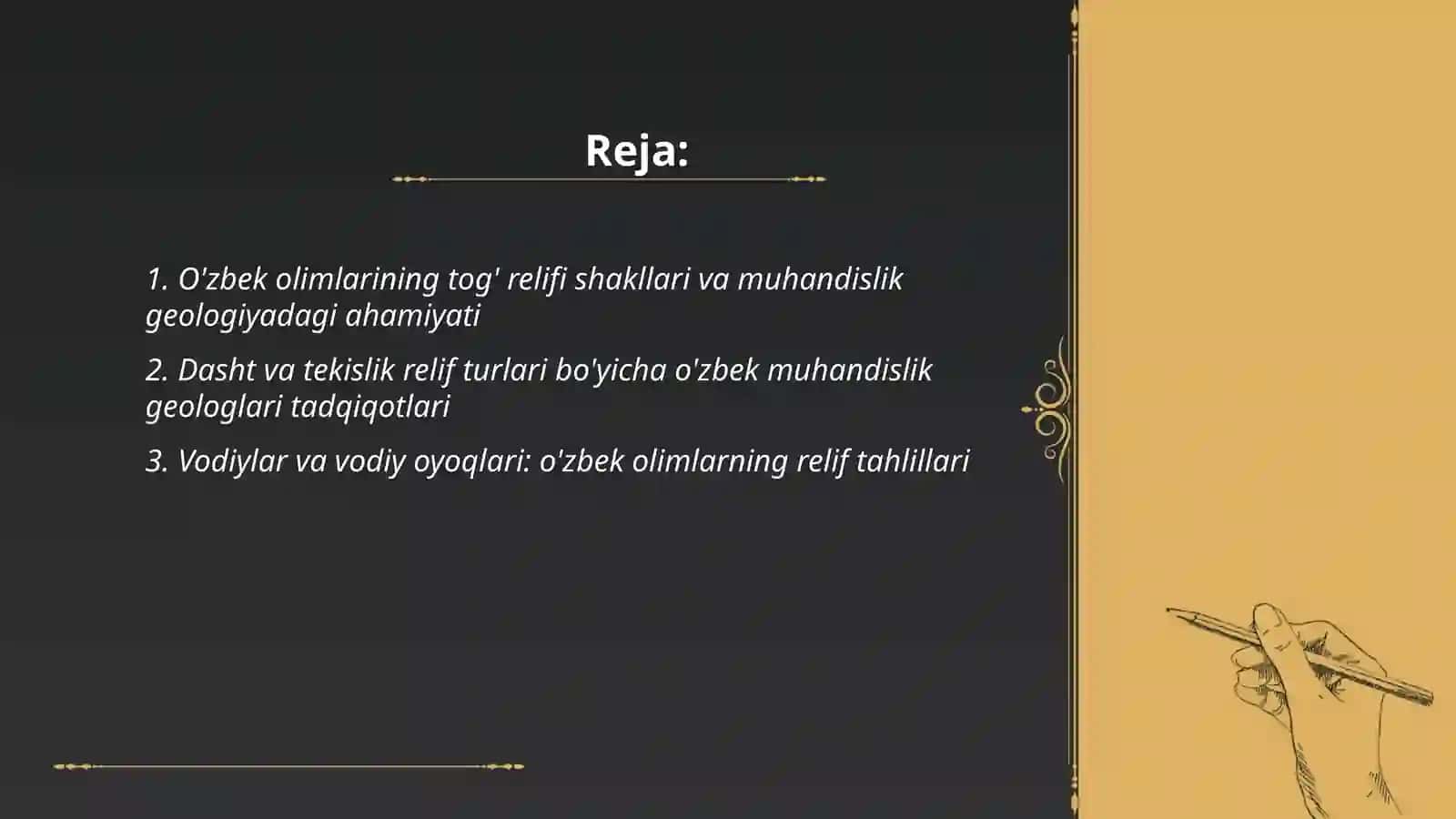 Muhanduslig geoligiyasi fanining rivojlanishiga katta hissa qushgan uzbek olimlari yer relifini asosiy shakil va turlari Xamidullayev Farxod 2