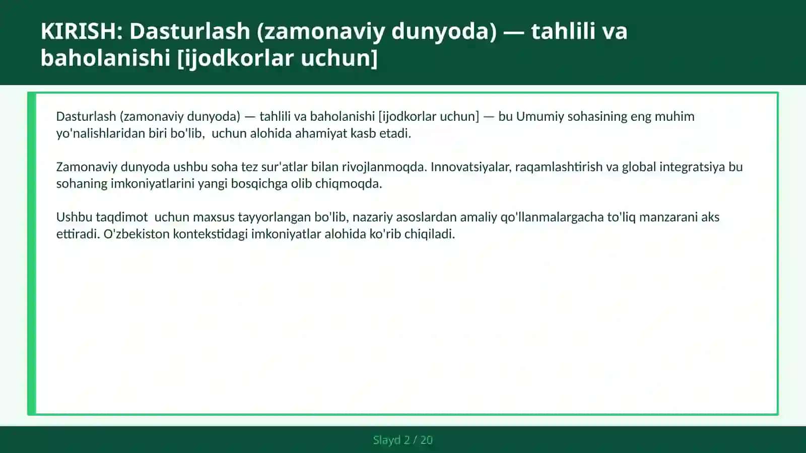 Dasturlash (zamonaviy dunyoda) — tahlili va baholanishi [ijodkorlar uchun] 2
