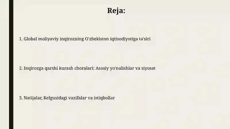 Jahon moliyaviy inqirozining Oʻzbekiston iqtisodi inqiroziga qarshi chora tadbirlar konsepsiyasi 2