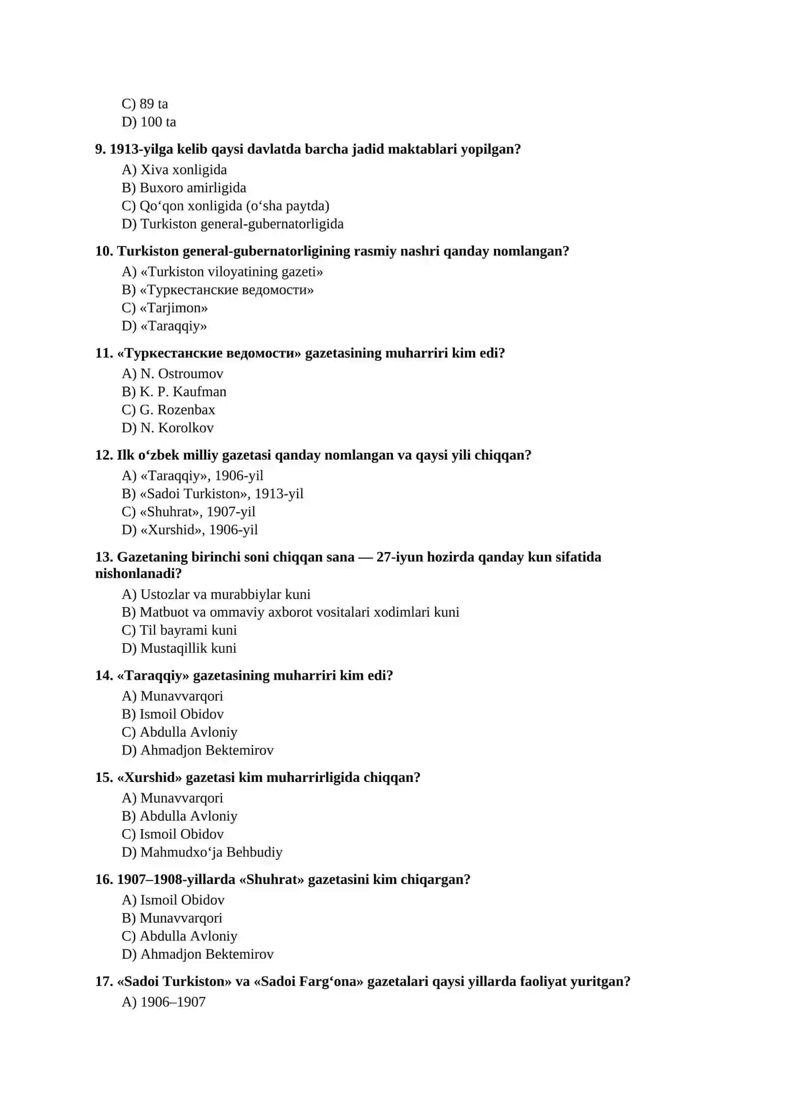 Mavzulashtirilgan testlar | 9-SINF O‘ZBEKISTON TARIXI IX boʻlim 2