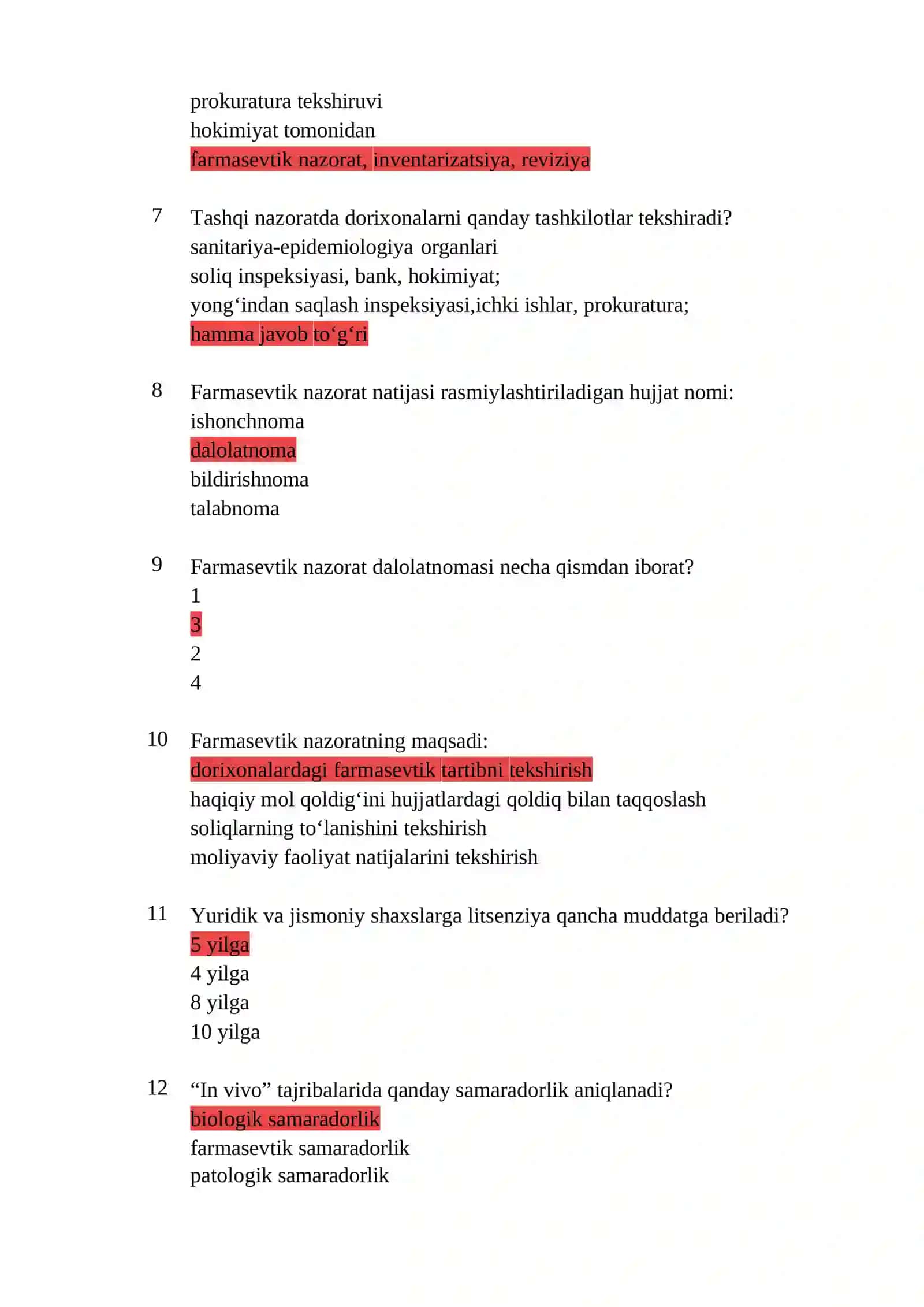 Farmatsiya mutaxassisligi boʻyicha shakllantirilgan test savollari roʻyxati 2