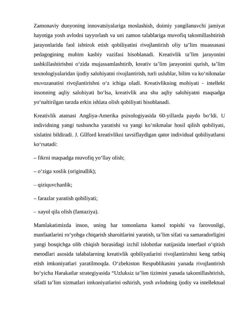 BOʻLAJAK MAKTABGACHA TAʼLIM PEDAGOGLARINI KREATIV QOBILIYATLARINI RIVOJLANTIRISH. 2