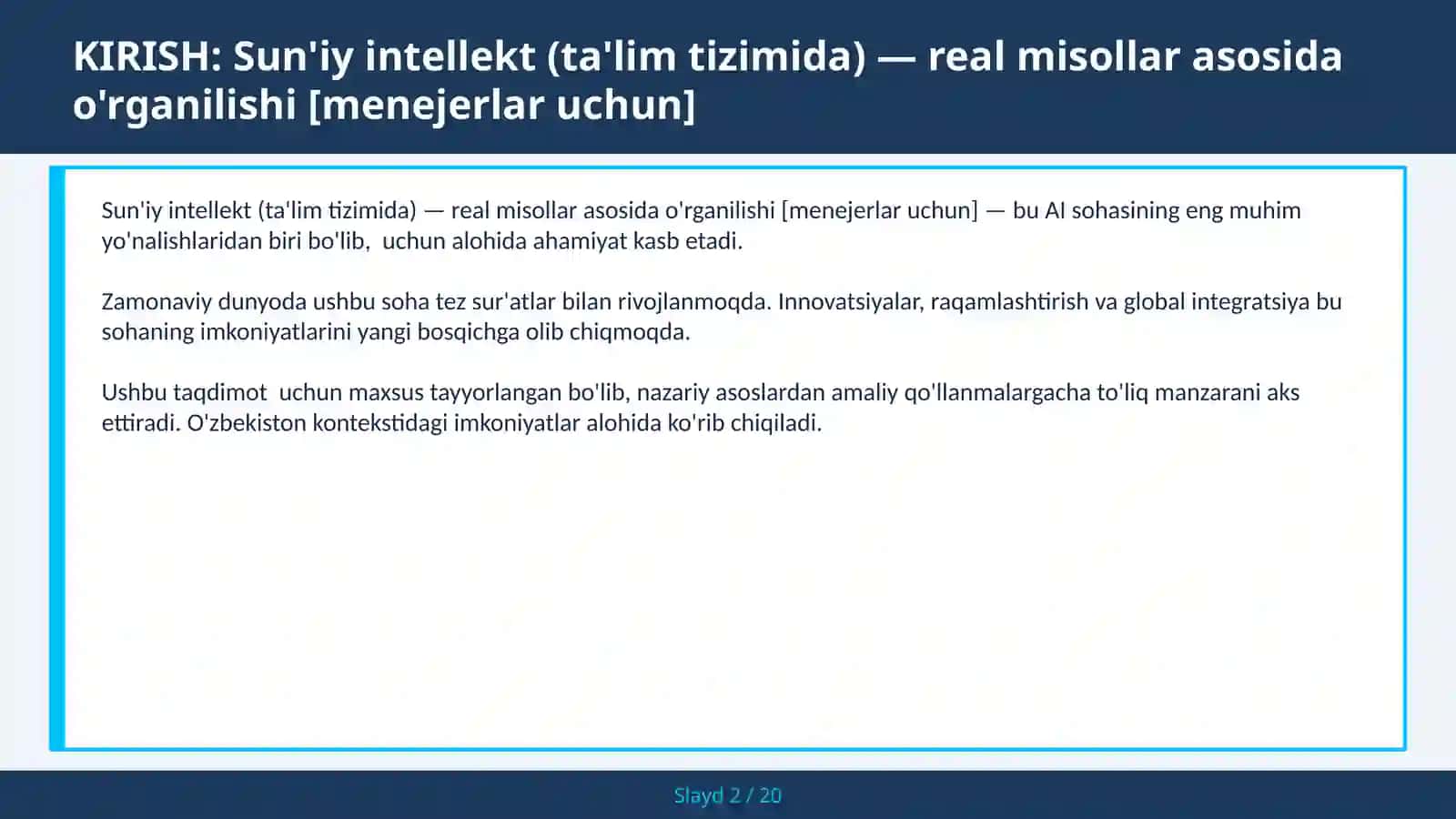 Sun'iy intellekt (ta'lim tizimida) — real misollar asosida o'rganilishi [menejerlar uchun] 2