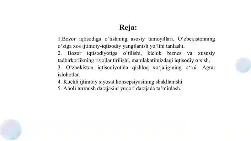 Iqtisodiy islohotlar, xususiy mulkchilikning shakllanishi. O‘zbekistonda bozor munosabatlarining rivojlanishi 2