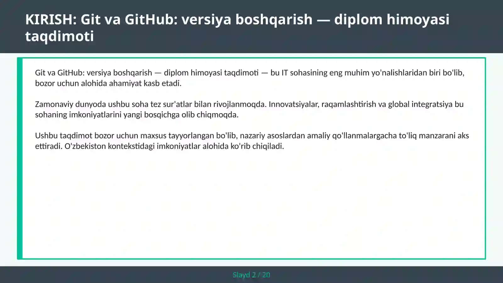 Git va GitHub: versiya boshqarish — diplom himoyasi taqdimoti 2