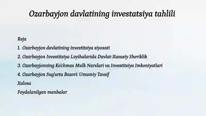 Ozarbayjonning Investatsiyasiyosati 2