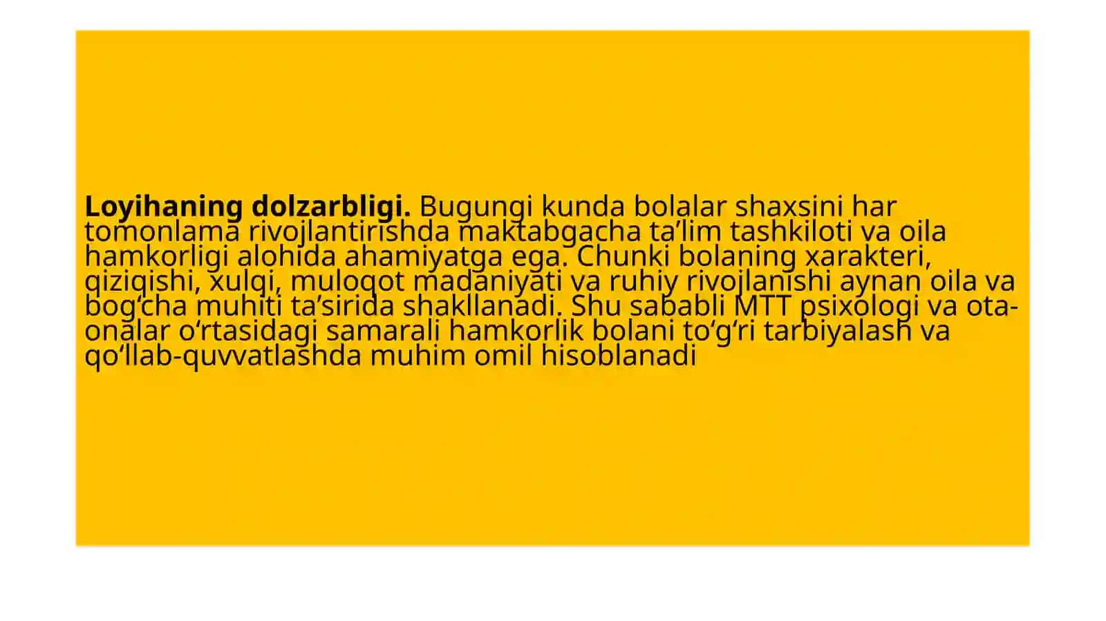 "Bolalar shaxsini rivojlantirishda maktabgacha ta’lim tashkiloti psixologi va oila hamkorligi" loyihasi 2