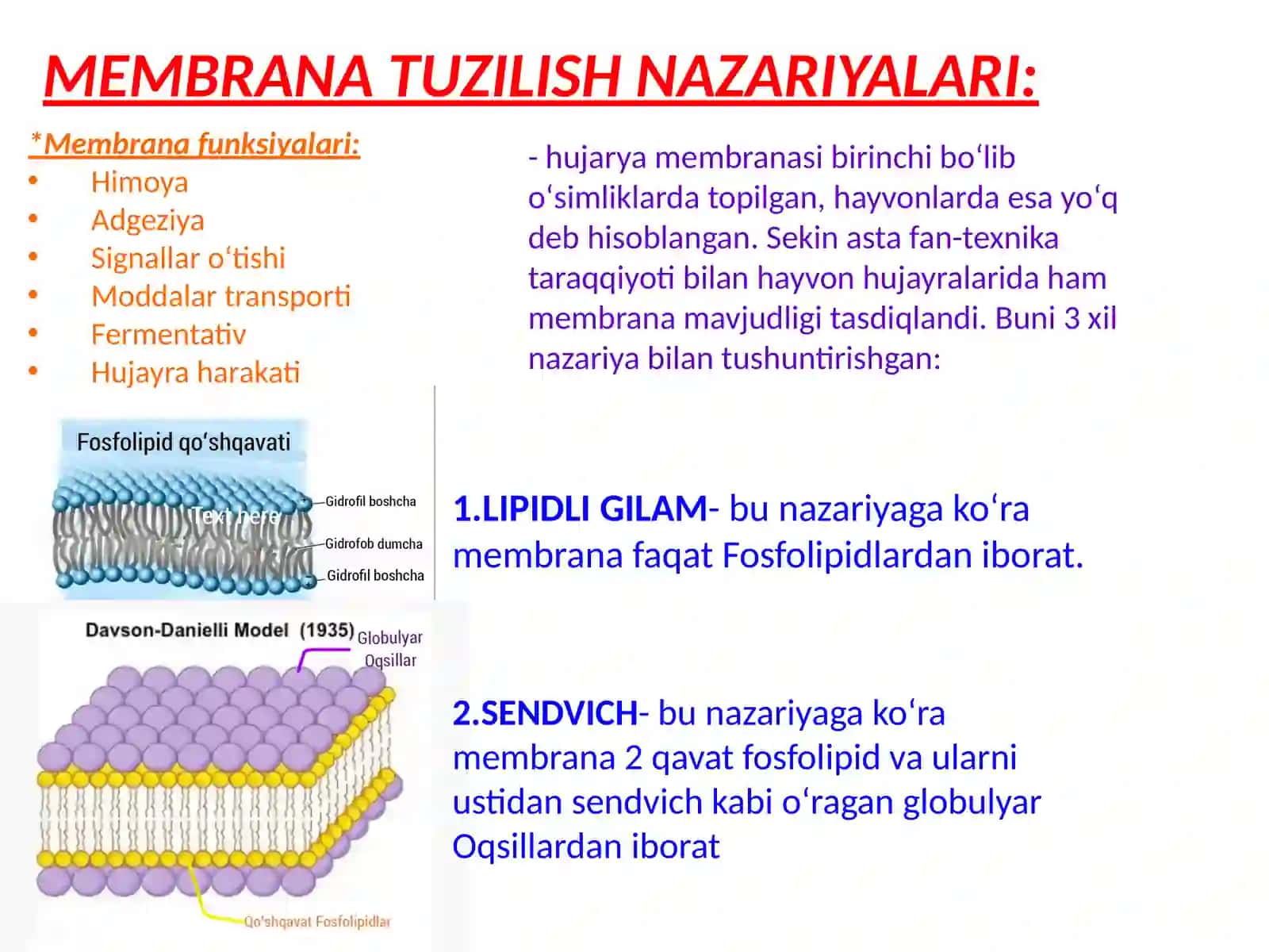 BIOMEMBRANALAR TUZILISHI VA XOSSALARI 2