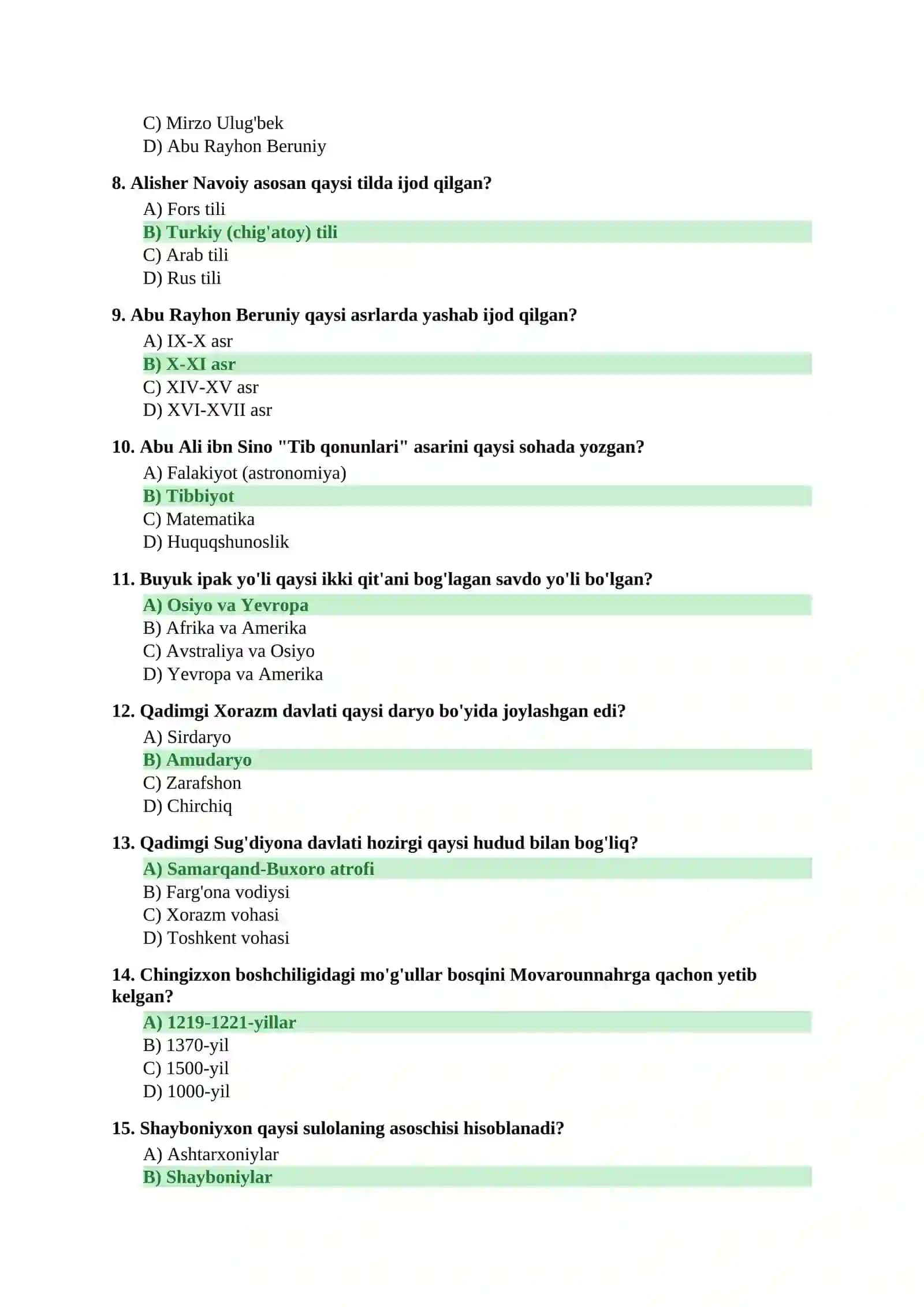 ARGOS test to'plami — Tarix va Umumiy bilim (100 savol, javoblar bilan) 2