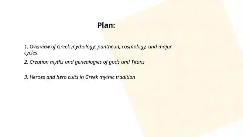 Greek mythology. Homeric epos. General characteristics of ancient Greek drama. Dramatic genres. Aeschylus, Sophocles, Euripides' dramaturgy. 2
