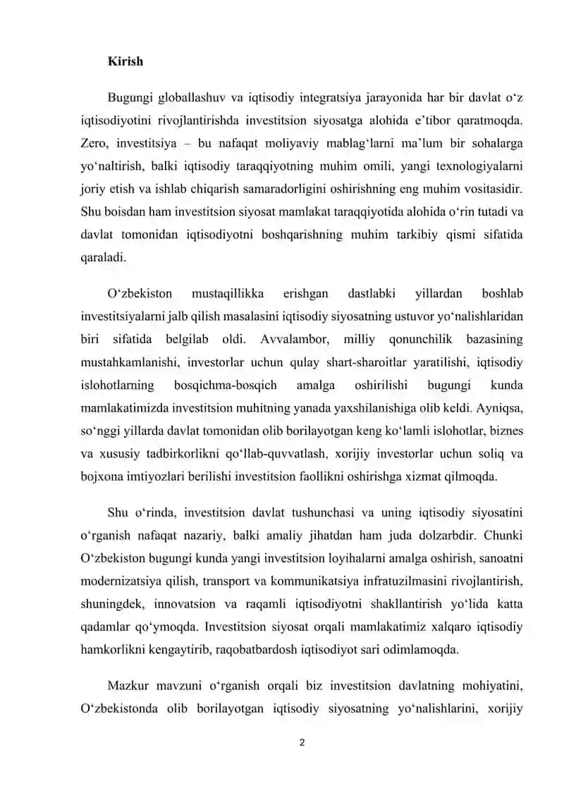 O‘zbekistonda investitsion davlatning iqtisodiy siyosati 2