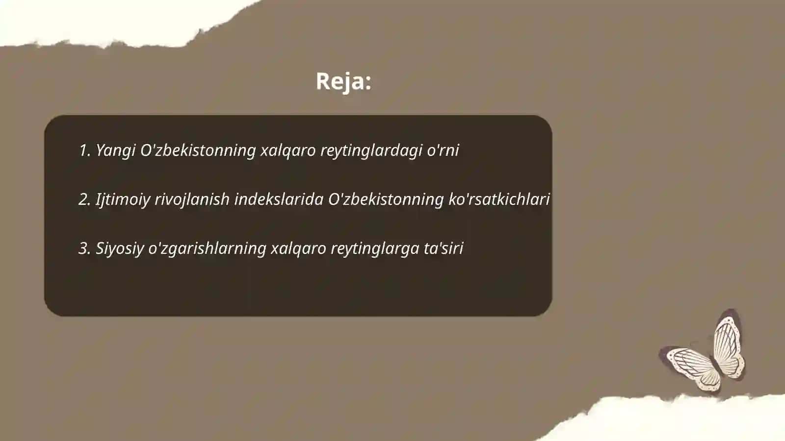 Yangi o'zbekiston ijtimoiy - siyosiy iqtisodiy va madaniy hayotida roy berayotgan o'zgarishlarning xalqaro reyting va indekslarda aks etilishi 2