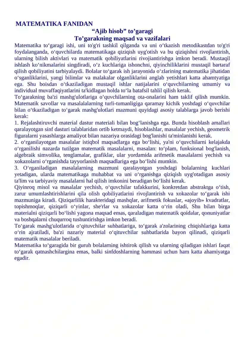 MATEMATIKA FANIDAN “Ajib hisob” to’garagi 2