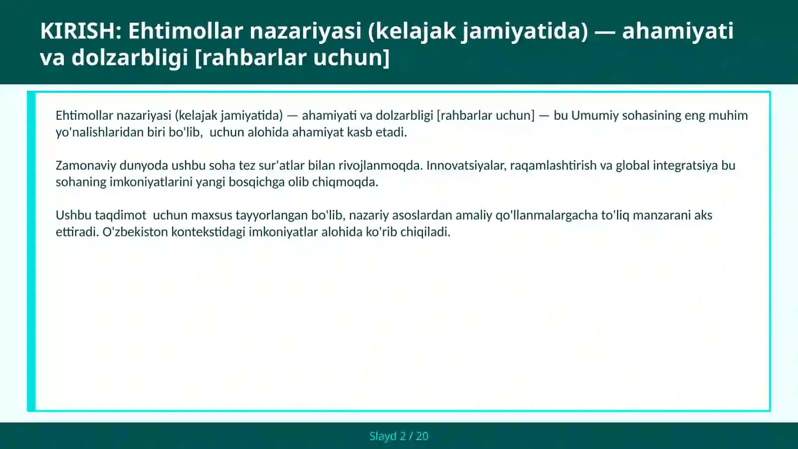 Ehtimollar nazariyasi (kelajak jamiyatida) - ahamiyati va dolzarbligi [rahbarlar uchun] 2